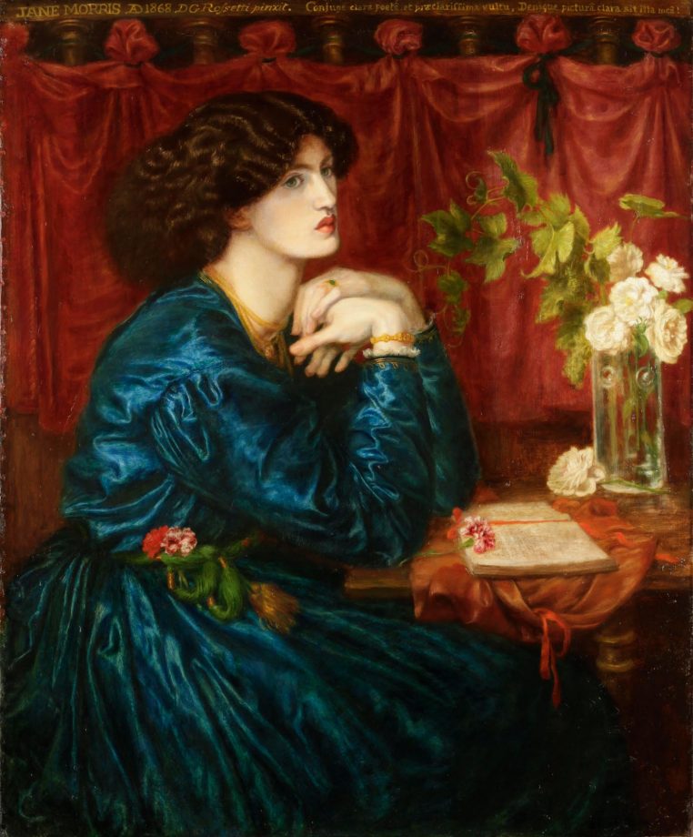 罗塞蒂，《蓝色丝绸连衣裙》（简·莫里斯），1868 年，描绘了威廉·莫里斯的妻子，她是拉斐尔前派美人的理想之选，罗塞蒂与她发生了不可避免的恋情