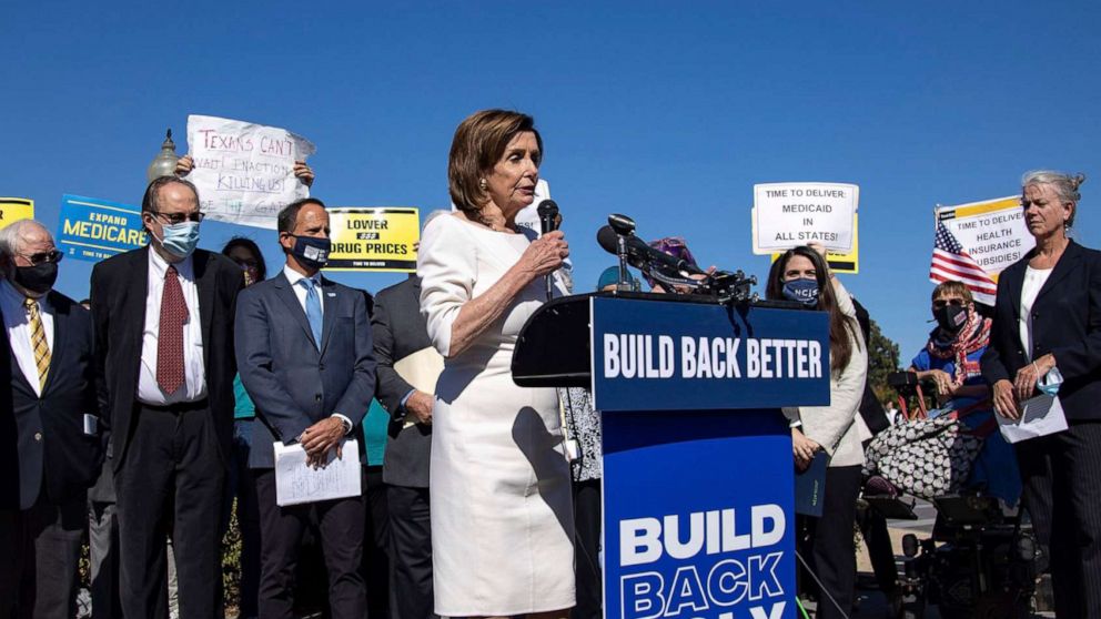 PHOTO: Speaker of the House Nancy Pelosi speaks at a press conference about healthcare and President Biden's Build Back Better plan at the Capitol, Oct. 20, 2021.