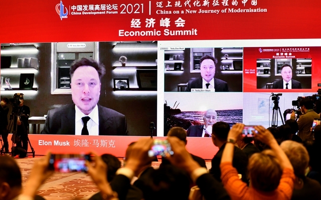 在3月举行的中国发展高层论坛上，特斯拉公司首席执行官埃隆·马斯克通过视频连线发言。（新华社资料）