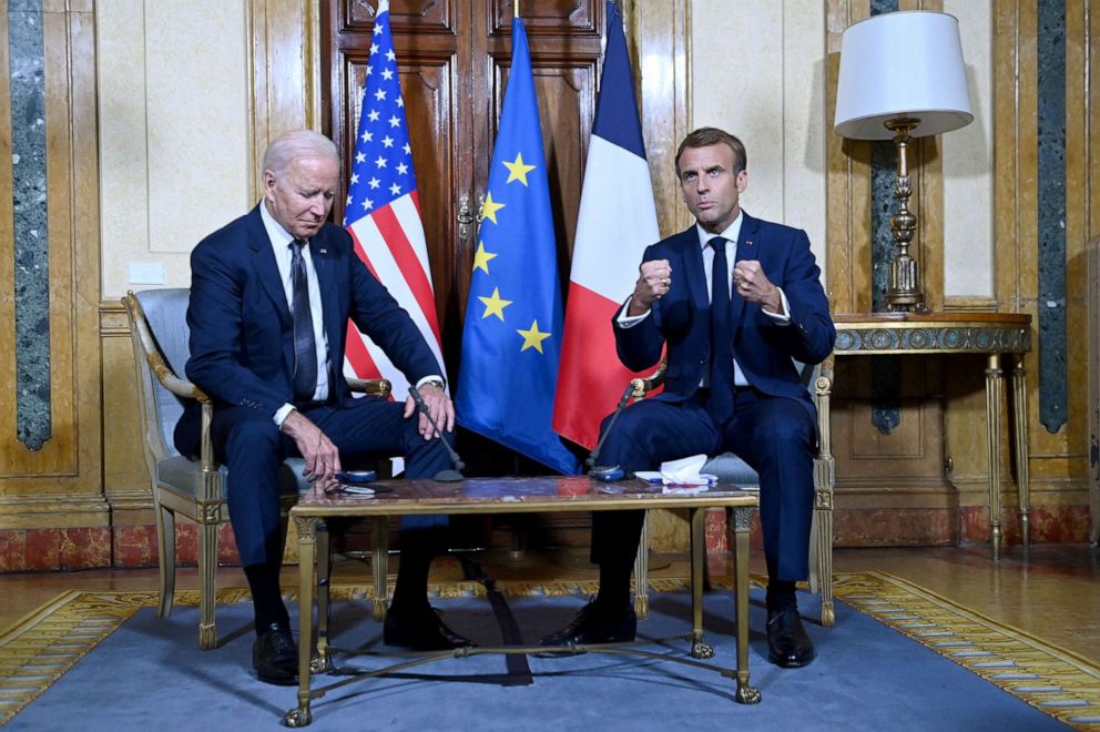 PHOTO: US President Joe Biden  and French President Emmanuel Macron meet at the French Embassy to the Vatican in Rome on Oct. 29, 2021.