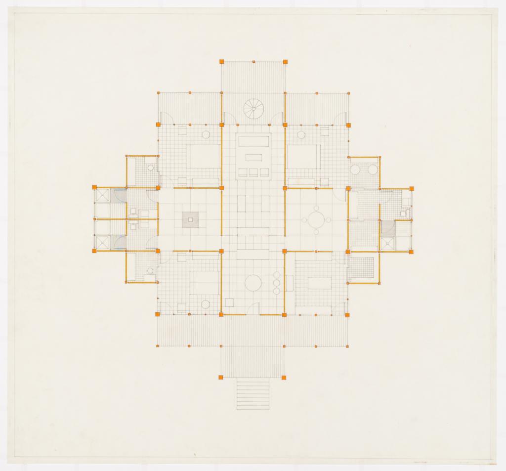 《德克萨斯住宅7号：平面图》，1954-1963，石墨、墨水、彩色铅笔，绘制于半透明纸上，77x92cm。约翰·海杜克基金会和加拿大建筑中心供图。 ©CCA