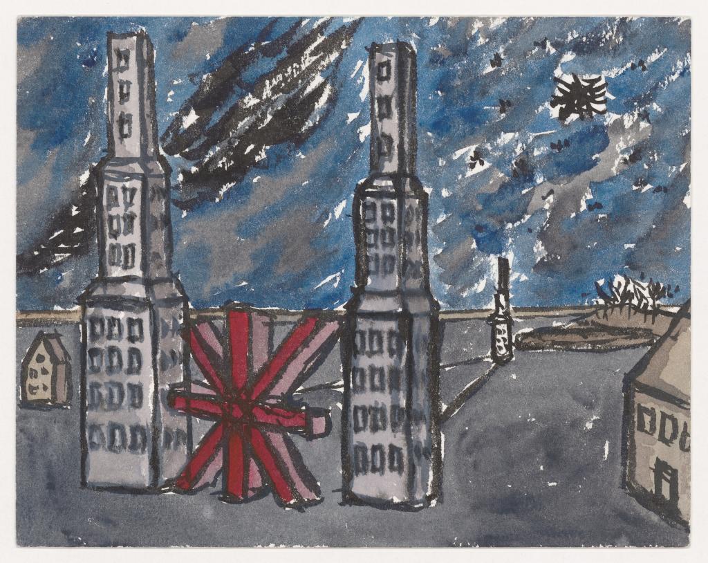 《柏林之夜：犹太博物馆之研究所、见证者结构体和记忆保护塔》，1989，纸上水彩，21.5x27cm。约翰·海杜克基金会和加拿大建筑中心供图。 ©CCA
