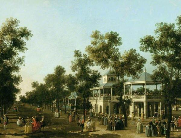 卡纳莱托，《大步道，沃克斯豪尔花园景色（The Grand Walk, Vauxhall Gardens ）》，1751年