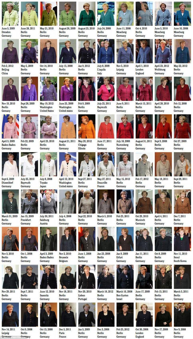 2012年，一位荷兰平面设计师整理出默克尔西装上衣的照片，他给这份拼图作品起名为“默克尔色谱”（Pantone Merkel）