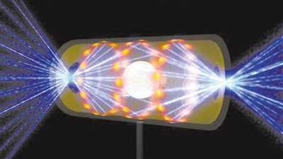 为了产生美国国家点火装置的聚变反应，192束激光束汇聚在一个微小的燃料芯块周围。