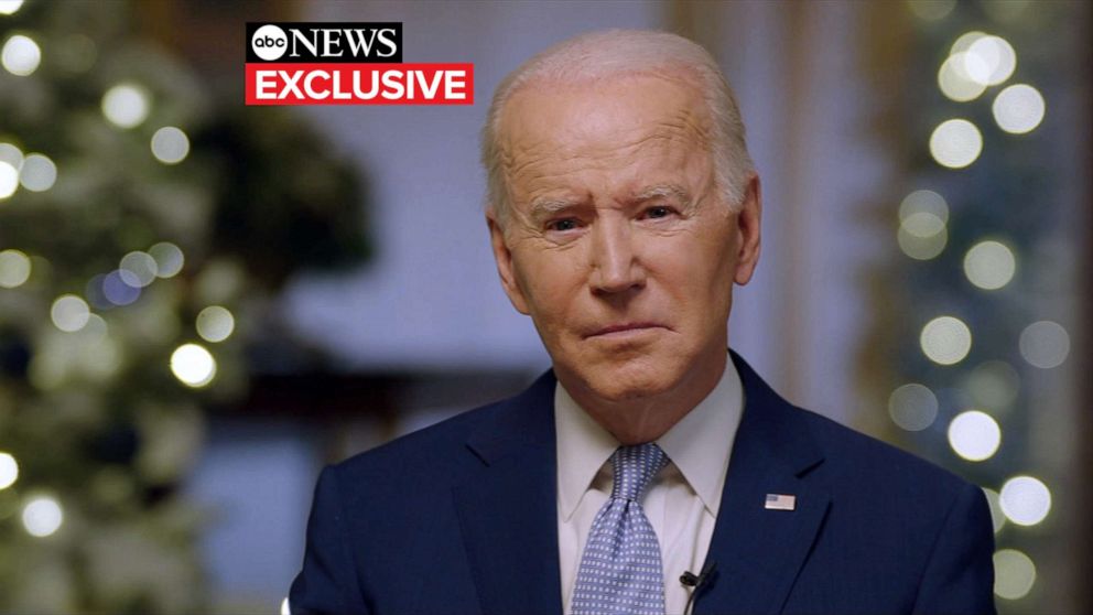 PHOTO: President Joe Biden is interviewed by ABC's David Muir, Dec. 22, 2021, at the White House, in Washington, D.C. 