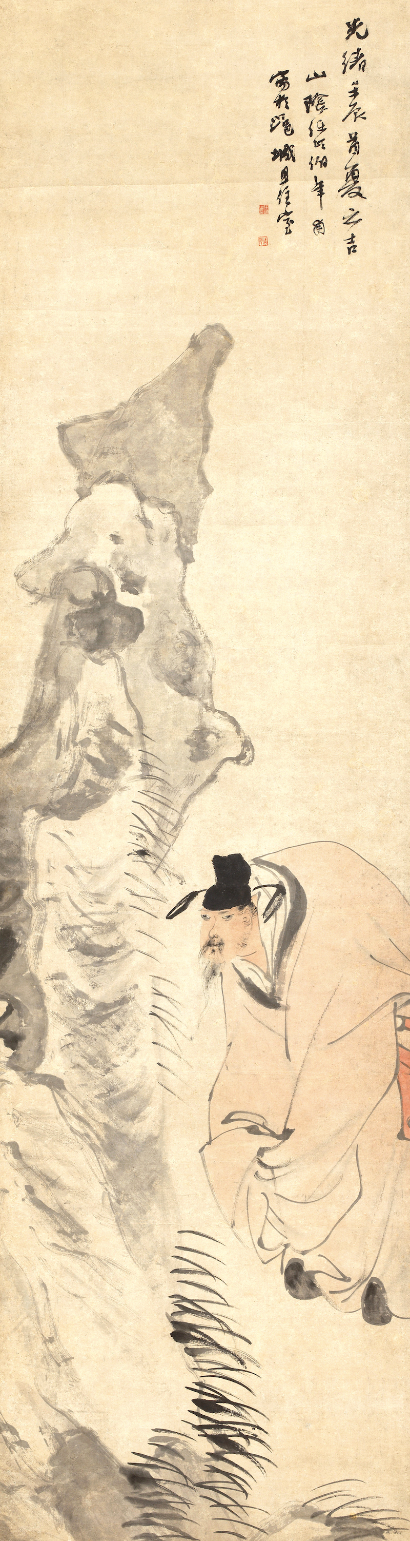 任伯年《米癫拜石图》轴 1892年 纸本设色 纵167.5厘米 横45厘米 中央美术学院美术馆藏