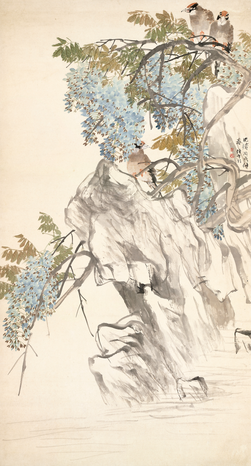 任伯年《紫藤八哥》轴 1886年 纸本设色 纵144.5厘米 横78.5厘米 中央美术学院美术馆藏