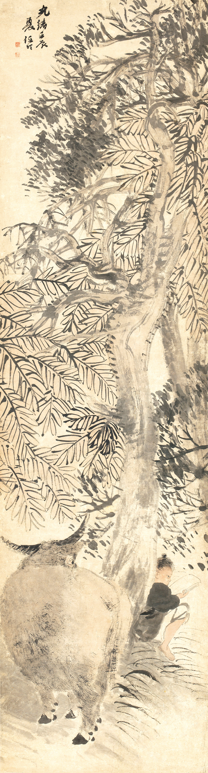 任伯年《牧童攻读图》轴 1892年 纸本设色 纵150厘米 横57厘米 中央美术学院美术馆藏