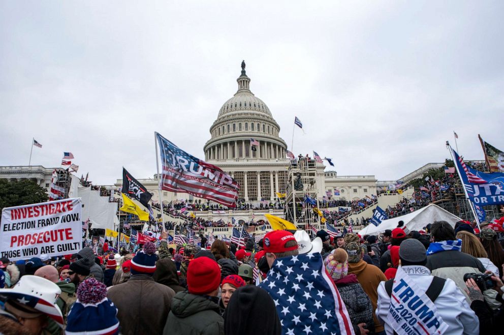 PHOTO: Rioters loyal to President Donald Trump rally at the U.S. Capitol in Washington on Jan. 6, 2021. 