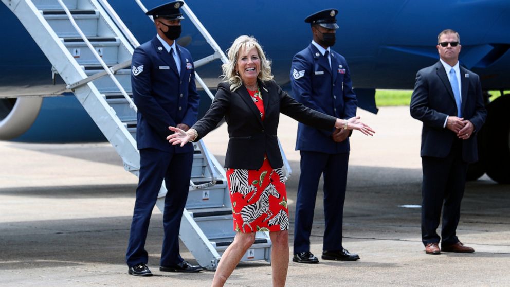FILE - First lady Jill Biden reacts to a question from a reporter at Jackson-Medgar Wiley Evers International Airport, in Pearl, Miss., on June 22, 2021. (Tom Brenner/Pool Photo via AP, File)