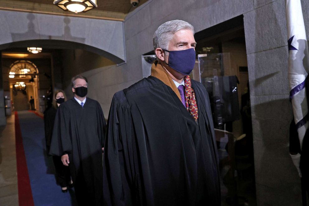 PHOTO: Supreme Court Associate Justice Neil M. Gorsuch arrives at the 59th Presidential Inauguration in Washington, D.C., Jan. 20, 2021.