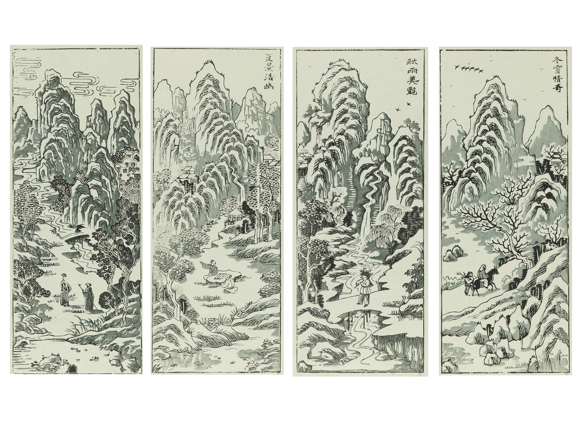 木版年画《四季山水》（四条屏） 山东潍坊 55.5cm×22cm×4 中国美术馆藏