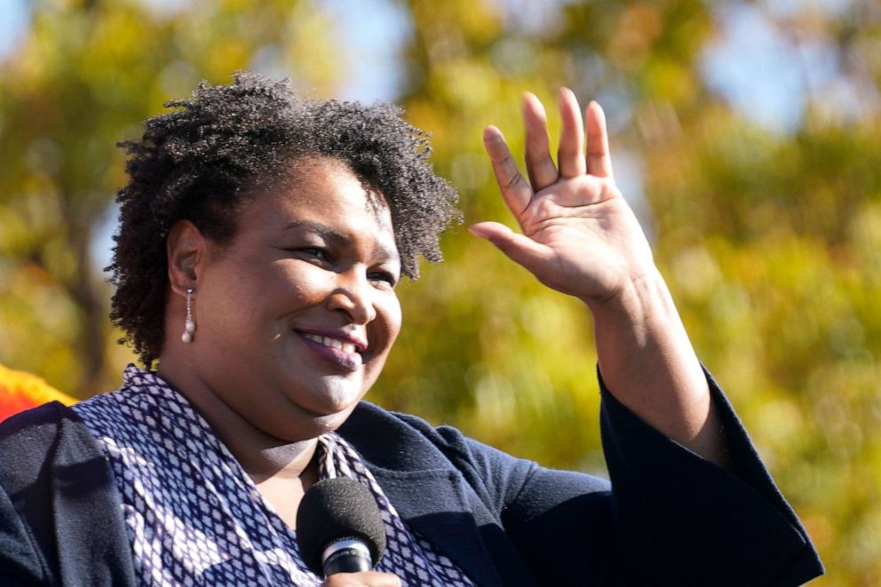 PHOTO: Stacey Abrams speaks to Biden supporters at a campaign rally in Atlanta, Nov. 2, 2020.