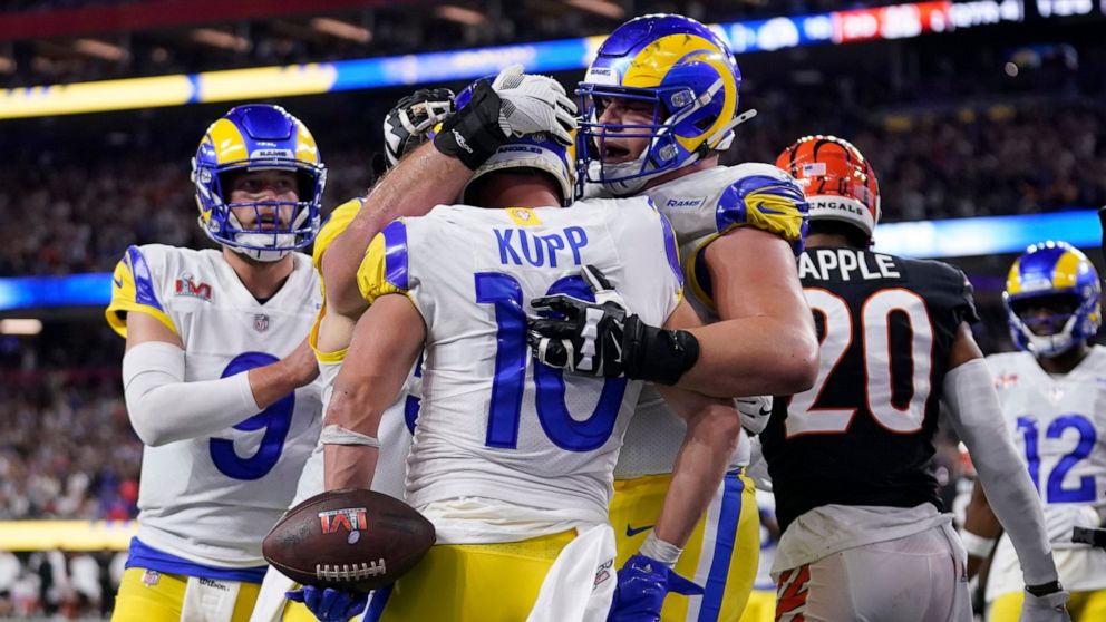 Los Angeles Rams wide receiver Cooper Kupp (10) is congratulated by teammates after scoring a touchdown against the Cincinnati Bengals during the second half of the NFL Super Bowl 56 football game Sunday, Feb. 13, 2022, in Inglewood, Calif. (AP Photo