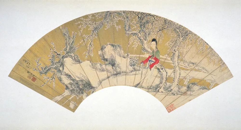 费丹旭（1801— 1850），《雪景仕女图》 1838年（清代），扇面，金笺纸设色