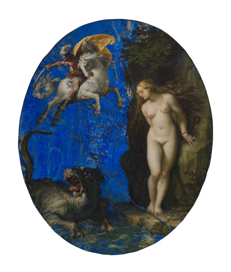 朱塞佩·塞萨利（Giuseppe Cesari）的《珀尔修斯拯救仙女座》（Perseus Rescue Andromeda）（约1593年至1594年）是在天青石上绘制的 圣路易斯艺术博物馆藏