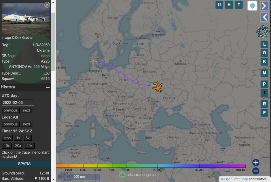 ADS-B Exchange网站留存的AN-255最近一次飞行发生在2月5日，目的地正是霍斯托梅尔的安东诺夫机场。
