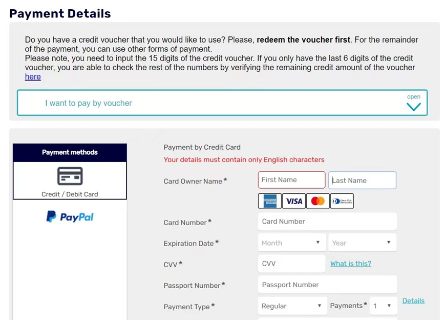 以色列航空官网支付界面截图。