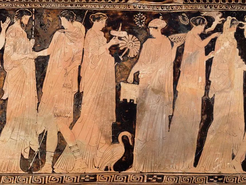 描绘新娘队伍的沐浴容器（loutrophoros），希腊古典时期，公元前450-425年，制造地点：希腊，阿提卡，雅典，陶瓷，红色图案