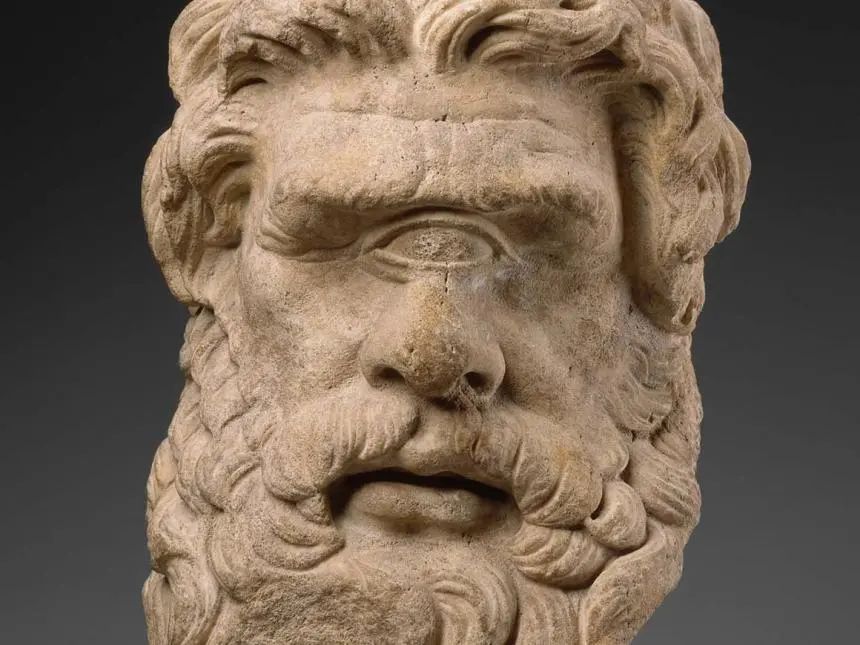 波吕斐摩斯头像，古希腊或古罗马，大约在公元前150年或以后，大理石，来自希腊塔索斯岛的白云岩