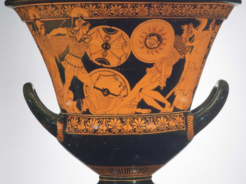 阿尔塔穆拉画家，带有特洛伊城陷落场景的混合碗（花萼壶），约公元前470-460年，陶瓷，红色图案