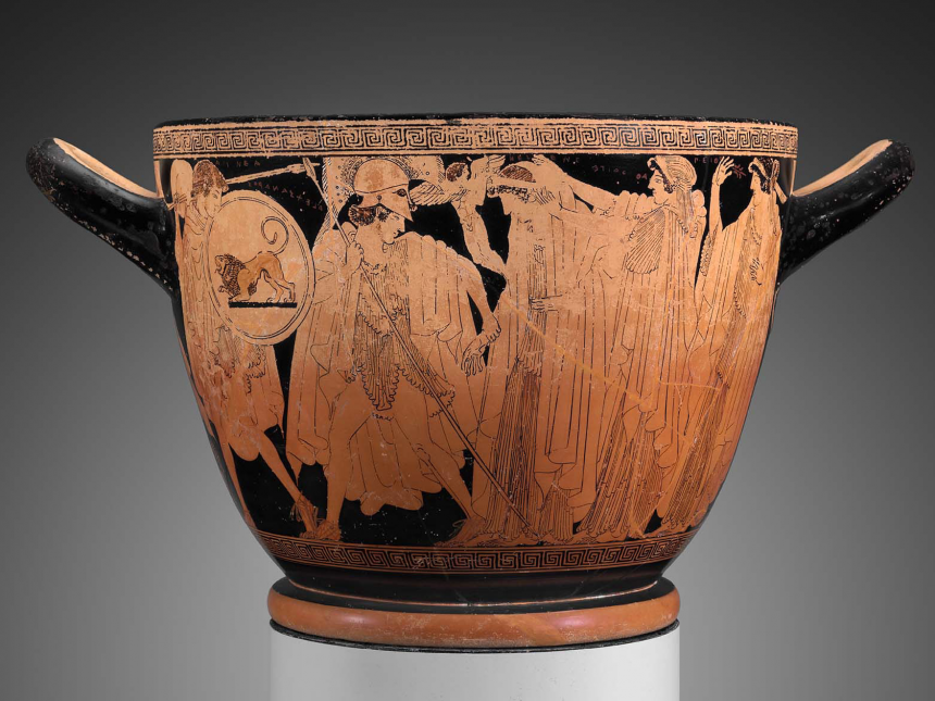 双耳大饮杯（skyphos）上有海伦的离开和恢复图案，希腊，希腊古风时代晚期，约公元前490-480年，陶瓷，红色图案