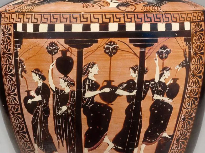 水罐（hydria）与喷泉边的妇女，希腊古风时代，约公元前520年，制造地点：希腊，阿提卡，陶瓷，黑色图案