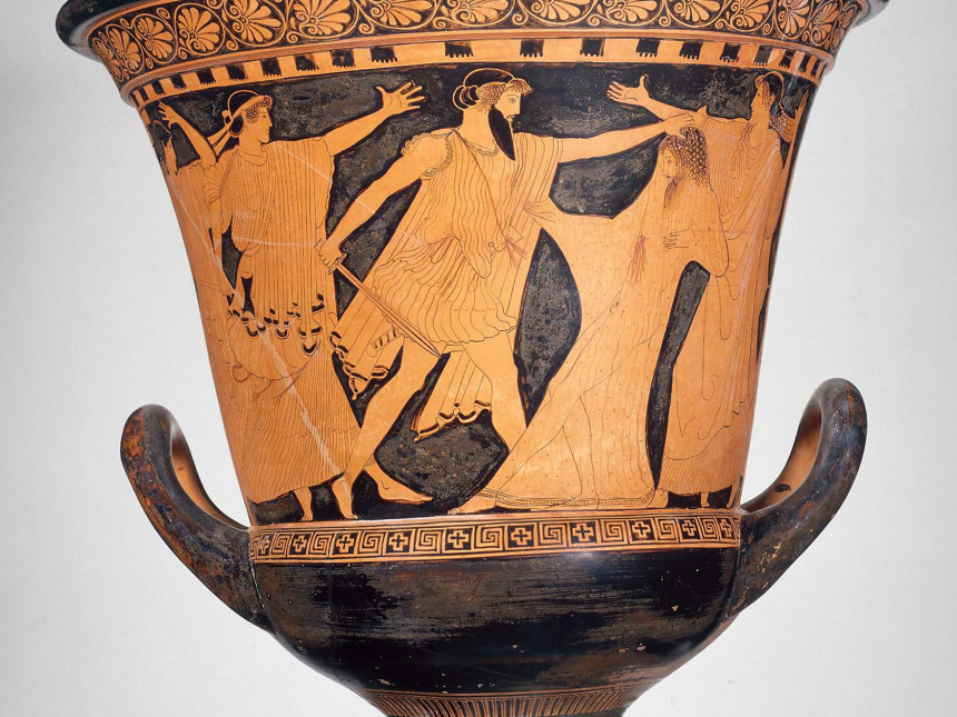 有阿伽门农被杀场景的混合碗（花萼壶），希腊，希腊古典时代早期，约公元前460年，陶瓷，红色人物图案