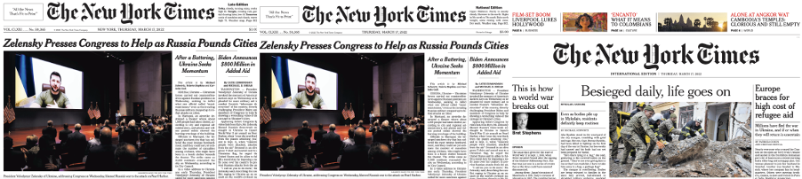 从左至右分别为《纽约时报》3月17日纽约版、国内版，以及国际版头版。