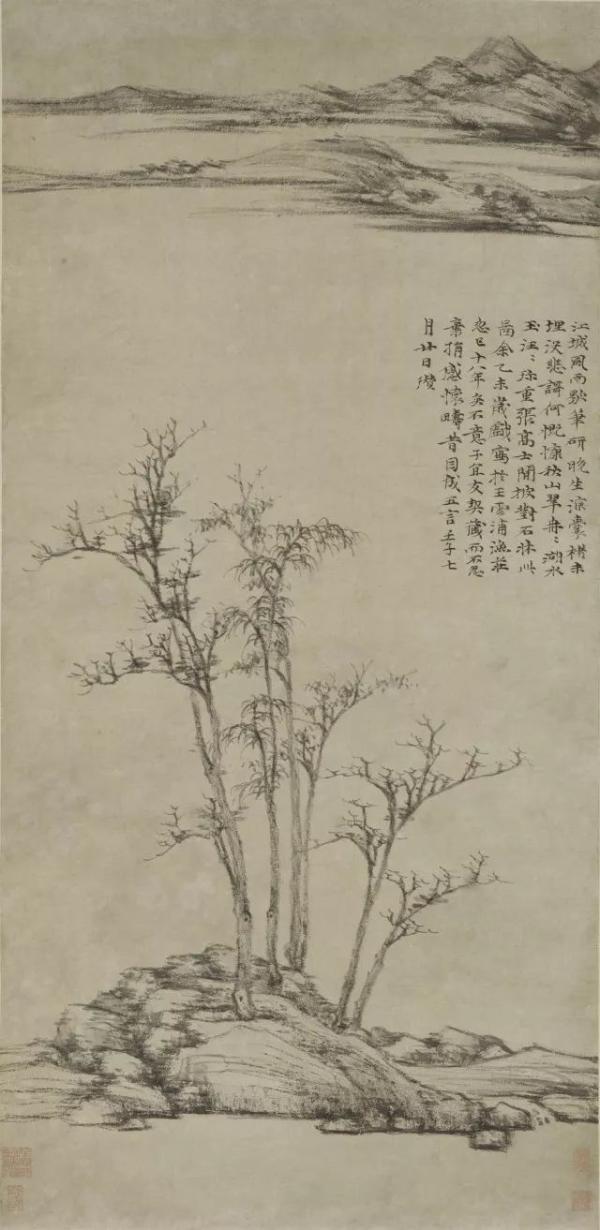 元代倪瓒《渔庄秋霁图》，其画作被认为是中国山水画的逸品之作