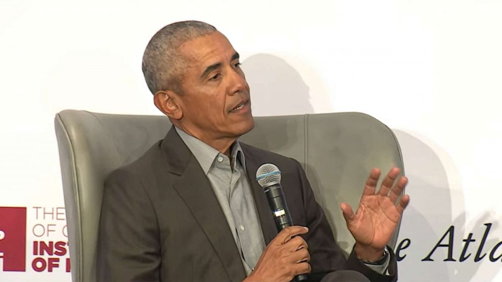 PHOTO: Former President Barack Obama speaks at the Disinformation and the Erosion of Democracy conference in a video still from the streaming video on April 6, 2022.