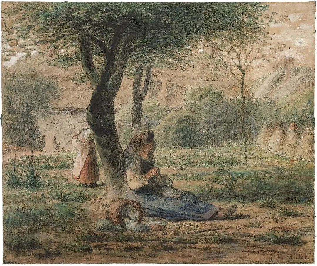 《花园中》，让-弗朗索瓦·米勒，约1860年，粉彩和水彩颜料，黑色蜡笔底稿，绘于米白色斜纹平铺纸上