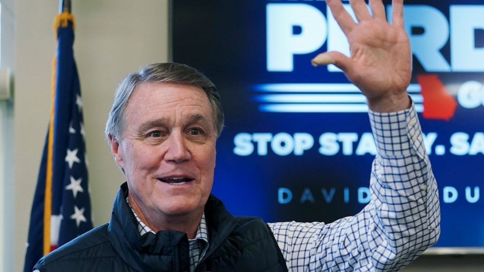 FILE - Republican candidate for Georgia Governor former Sen. David Perdue speaks at a campaign stop at the Covington airport, Feb. 2, 2022, in Covington, Ga. Gov. Kemp and Perdue will meet Sunday, April 24, 2022 for the first of three scheduled debat