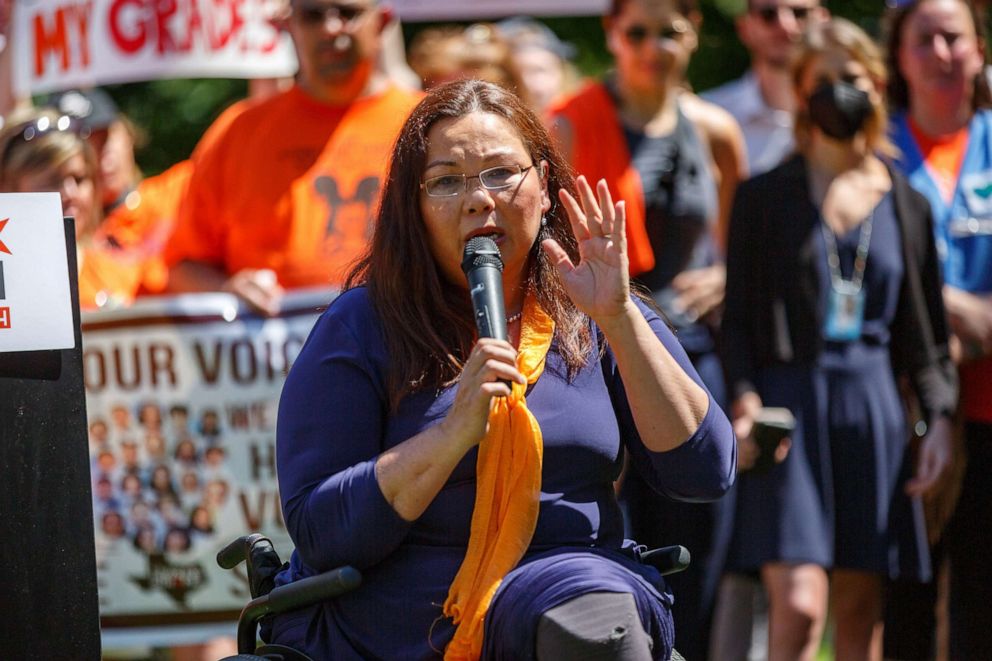 PHOTO: Sen. Tammy Duckworth speaks at a rally held by March Fourth near the U.S. Capitol in Washington, July 13, 2022, calling for universal background checks for guns and an assault weapons ban in the wake of continued mass shootings.
