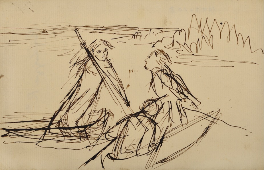 伊丽莎白·西达尔（1829-1862），《两名男子坐在船上，一位女子撑篙》