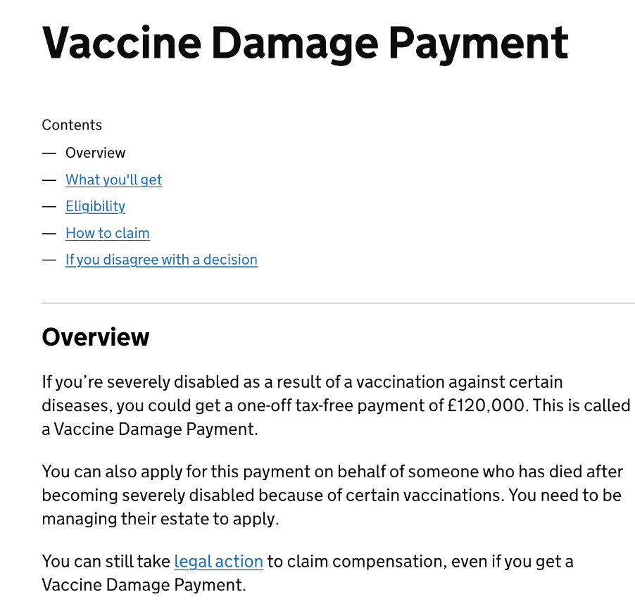 英国政府官网对于“疫苗损害赔偿”的说明。