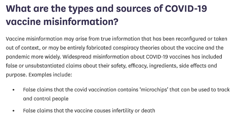 英国国会发布有关疫苗错误信息的类型和来源截图。  
