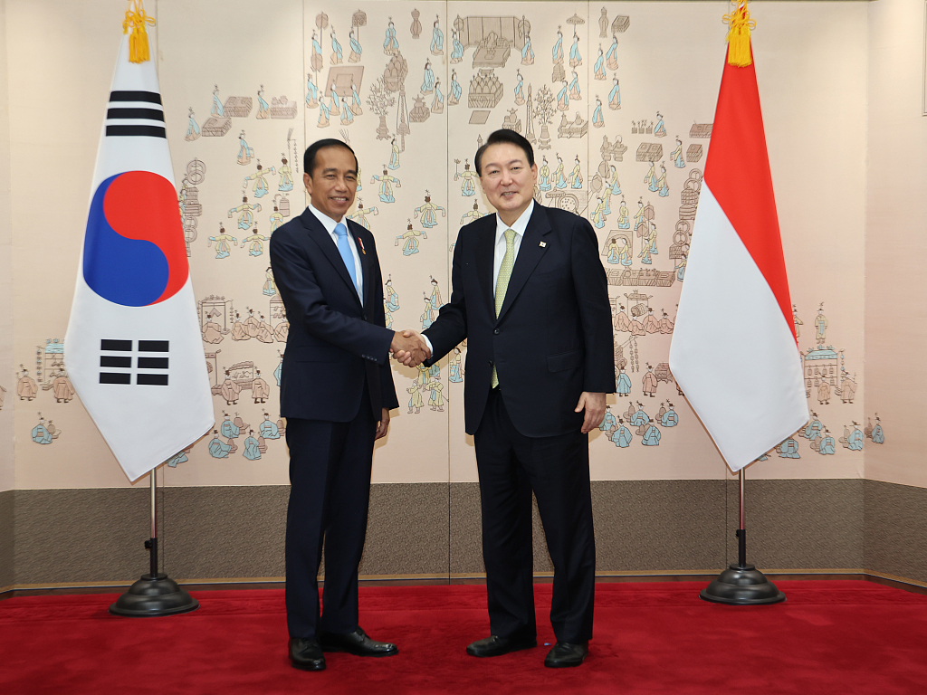 当地时间2022年7月28日，韩国首尔，韩国总统尹锡悦(右)在青瓦台与印尼总统佐科·维多多(左)举行首脑会谈后，发表了共同声明。 视觉中国 图