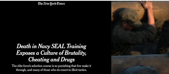 受训学员死亡暴露美国海豹突击队中的残酷、作弊和药物问题。图片来源：《纽约时报》报道截图