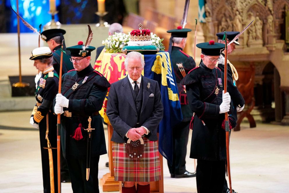 PHOTO: Britain's King Charles III, center, and other members of the royal family hold a vigil at the coffin of Queen Elizabeth II at St Giles' Cathedral, Edinburgh, Scotland, Sept. 12, 2022.