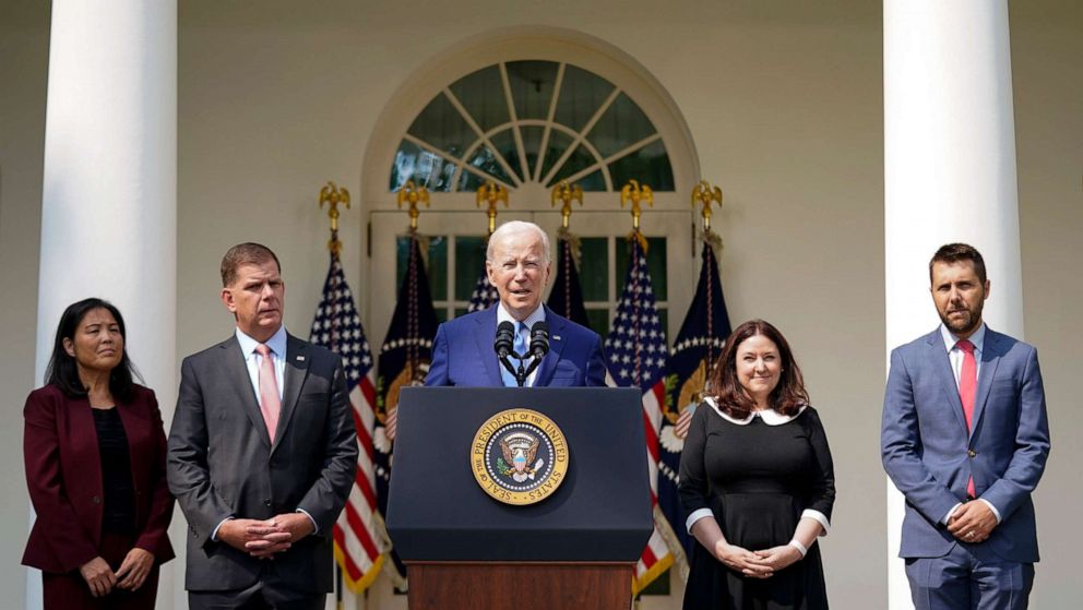 PHOTO: President Joe Biden speaks about a tentative railway labor agreement in the Rose Garden of the White House, Sept. 15, 2022, in Washington, D.C. 