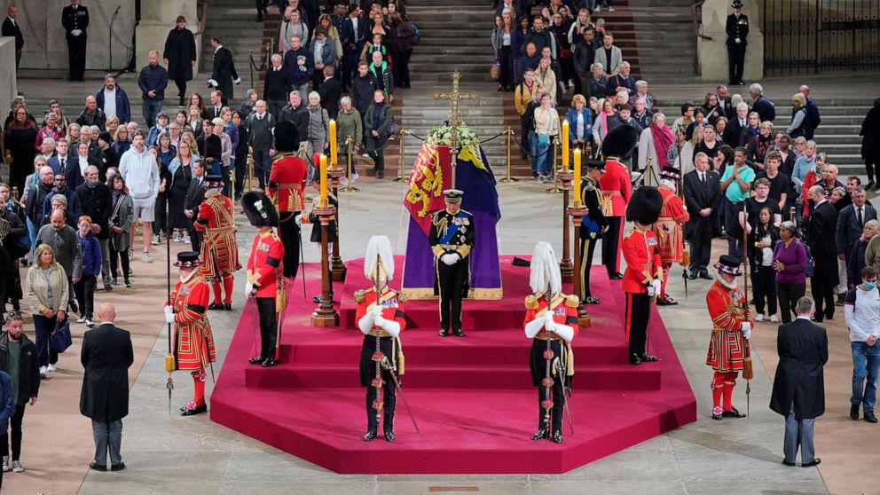 PHOTO: King Charles III holds a vigil beside the coffin of Queen Elizabeth II as it lies in state in Westminster Hall, Sept. 16, 2022, in London.