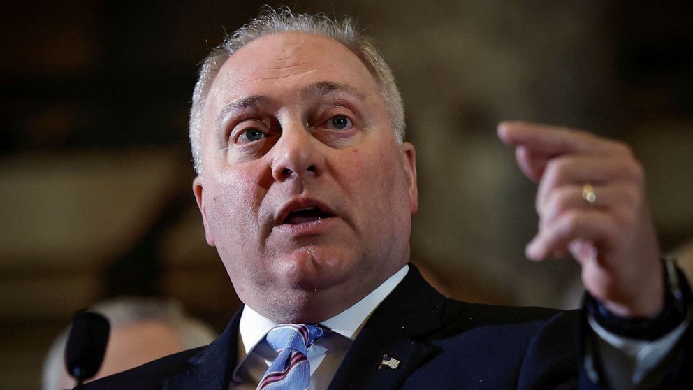 PHOTO: FILE - U.S. House Majority Leader Steve Scalise speaks in the U.S. Capitol building in Washington, March 10, 2023.