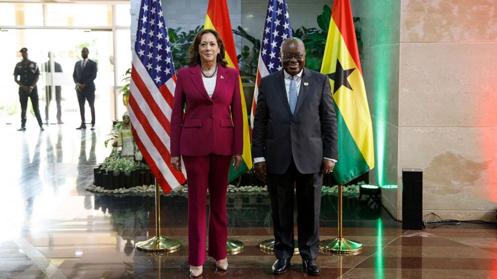 PHOTO: Vice President Kamala Harris is welcomed by Ghana President Nana Akufo-Addo in Accra, Ghana, March 27, 2023.
