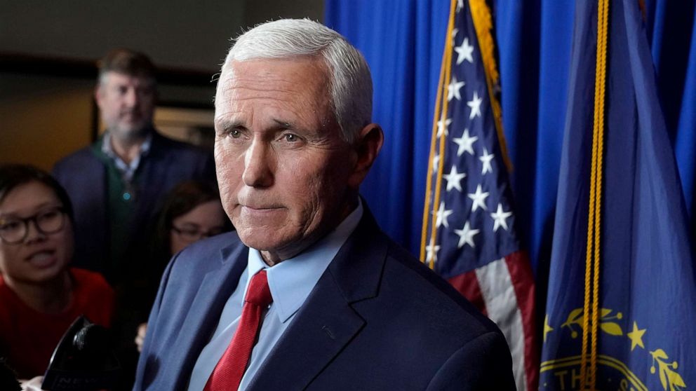 PHOTO: Former Vice President Mike Pence faces reporters after making remarks at a GOP fundraising dinner, March 16, 2023, in Keene, N.H.