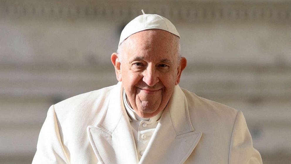 PHOTO: Pope Francis stands during a general audience at St. Peter's Square, Vatican City, on March, 29, 2023.