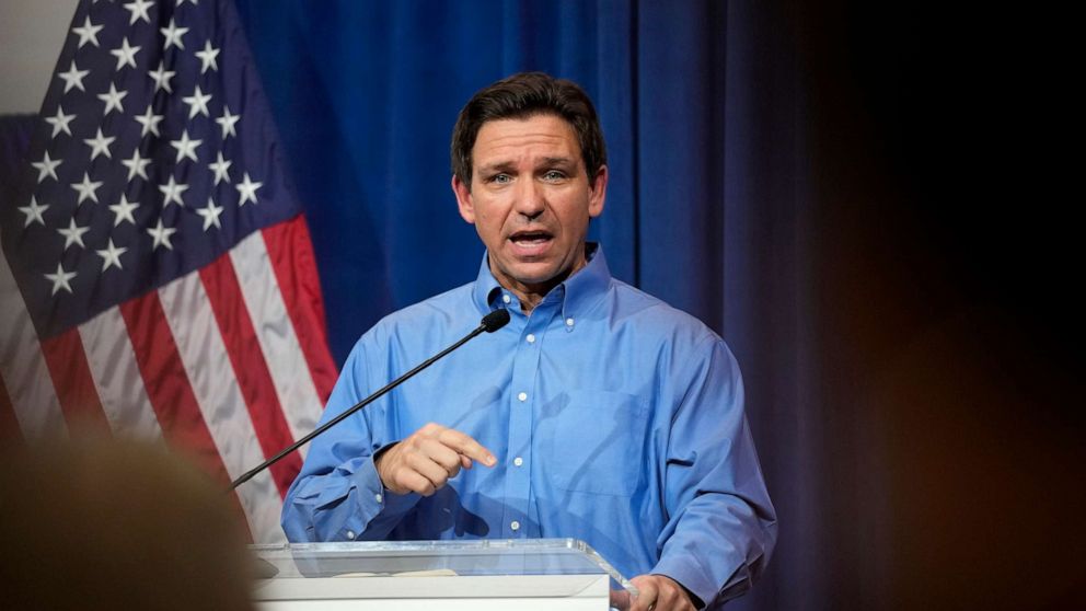 PHOTO: Florida Gov. Ron DeSantis speaks during a fundraising picnic for U.S. Rep. Randy Feenstra, R-Iowa, Saturday, May 13, 2023, in Sioux Center, Iowa.