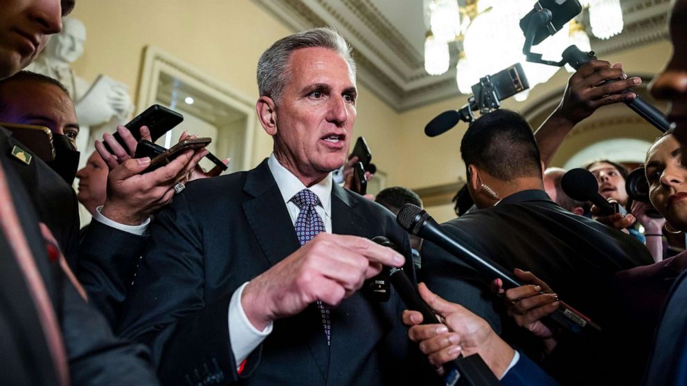 PHOTO: Speaker of the House Kevin McCarthy speaks briefly to the media on the day the House plans to vote on the tentative agreement between the White House and Congress to raise the debt limit in the US Capitol in Washington, D.C., on May 31, 2023.