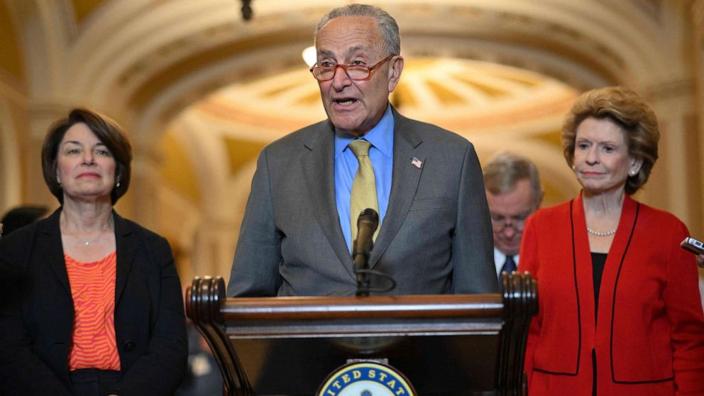 PHOTO: Senate Majority Leader Chuck Schumer speaks during a news conference following Senate Democrat policy luncheons in Washington, May 31, 2023.